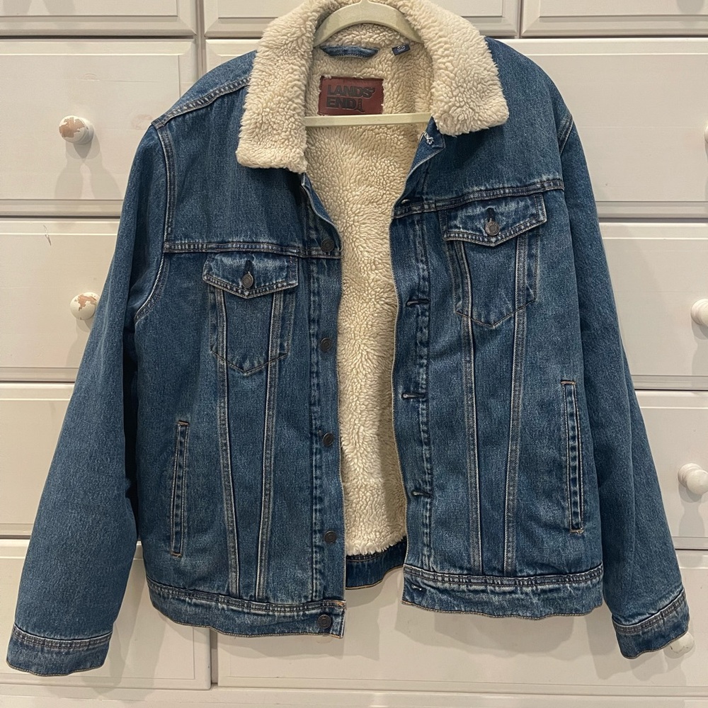 Lands End Sherpa Lined Denim Jacket Size XL